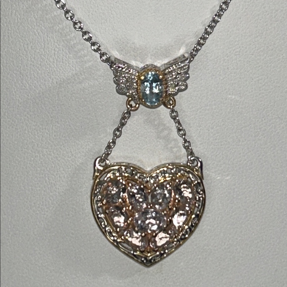 NWOT M Vallatutti Designer Morganite Blue Topaz Winged Heart Pendant Necklace